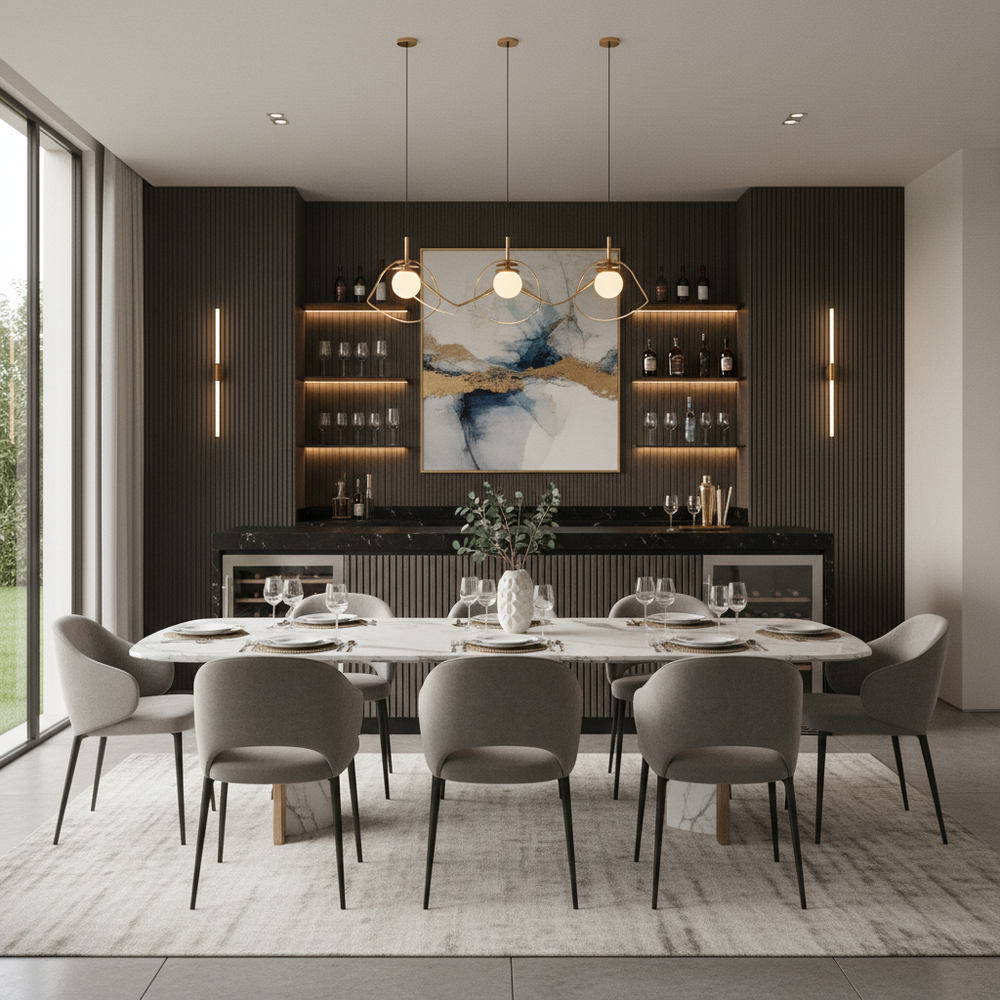 Spacious Six-Seater Dining Room Design With Bar Counter