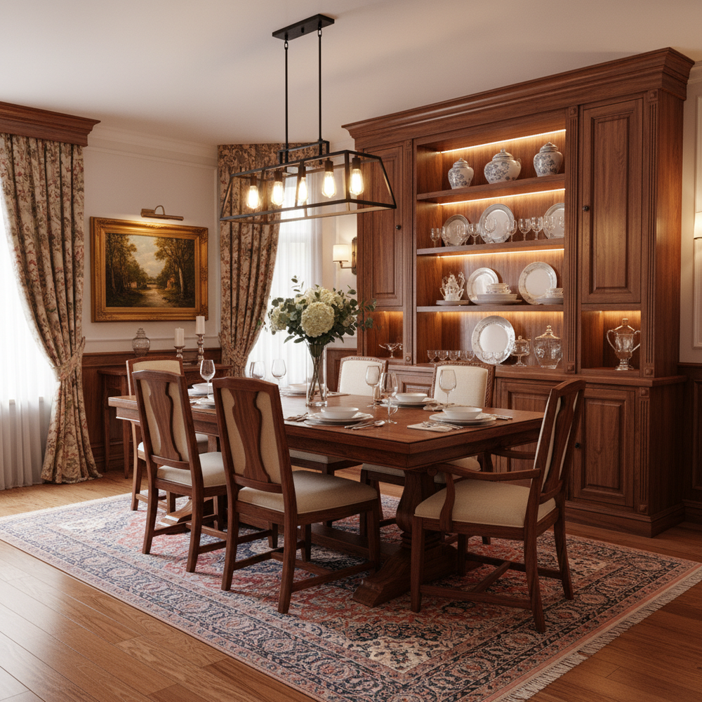 Traditional All-Wood 6-Seater Dining Room Design With Storage Units