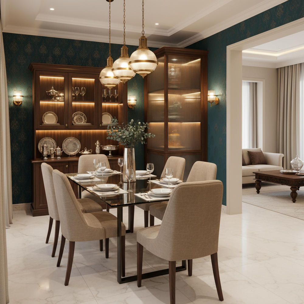 Traditional Dining Room Design with Pooja Unit and Storage Cabinets