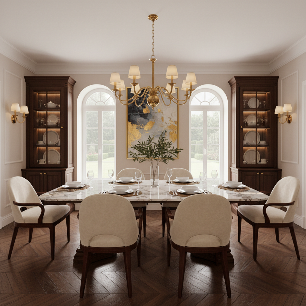 Traditional Marble Top 6-Seater Dining Room with Two-Tone Chairs