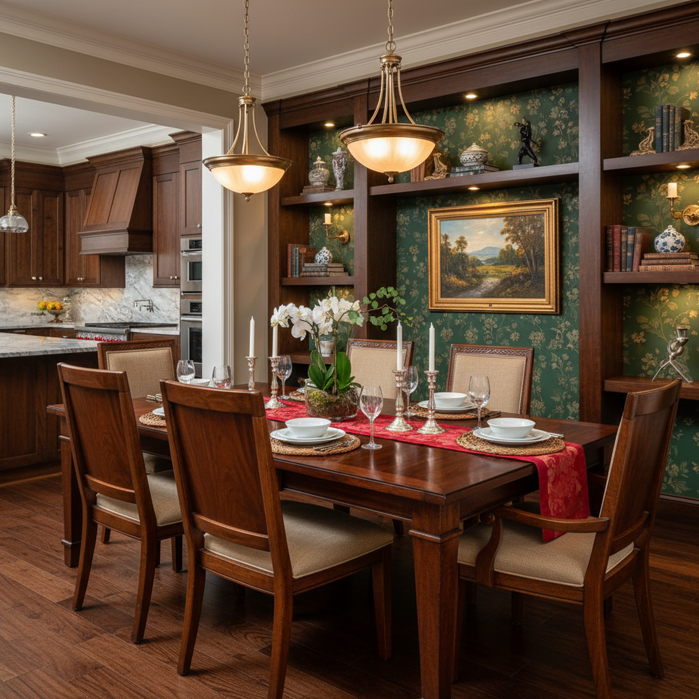 Traditional Dining Room with Solid Wood Table and Beige Chairs