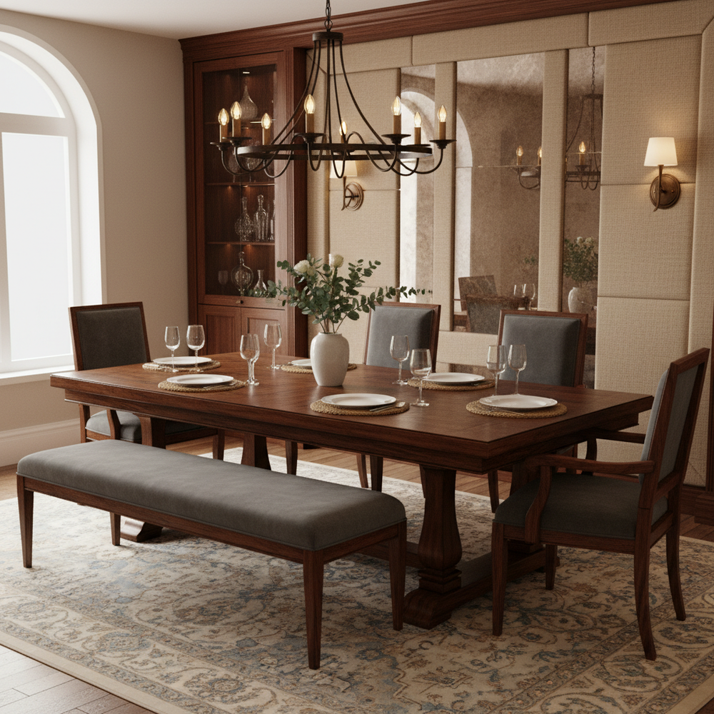 Traditional Dining Room with Solid Wood Table and Bench Seating