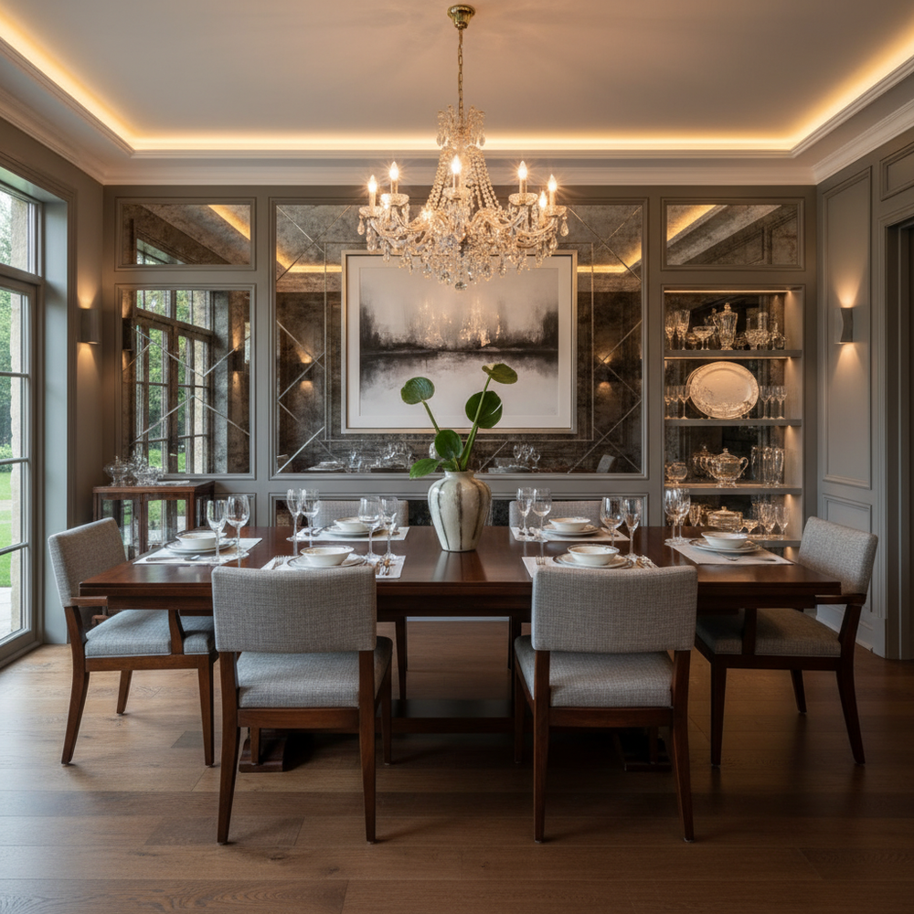 Traditional Solid Wood 6-Seater Dining Room with Mirror Panel