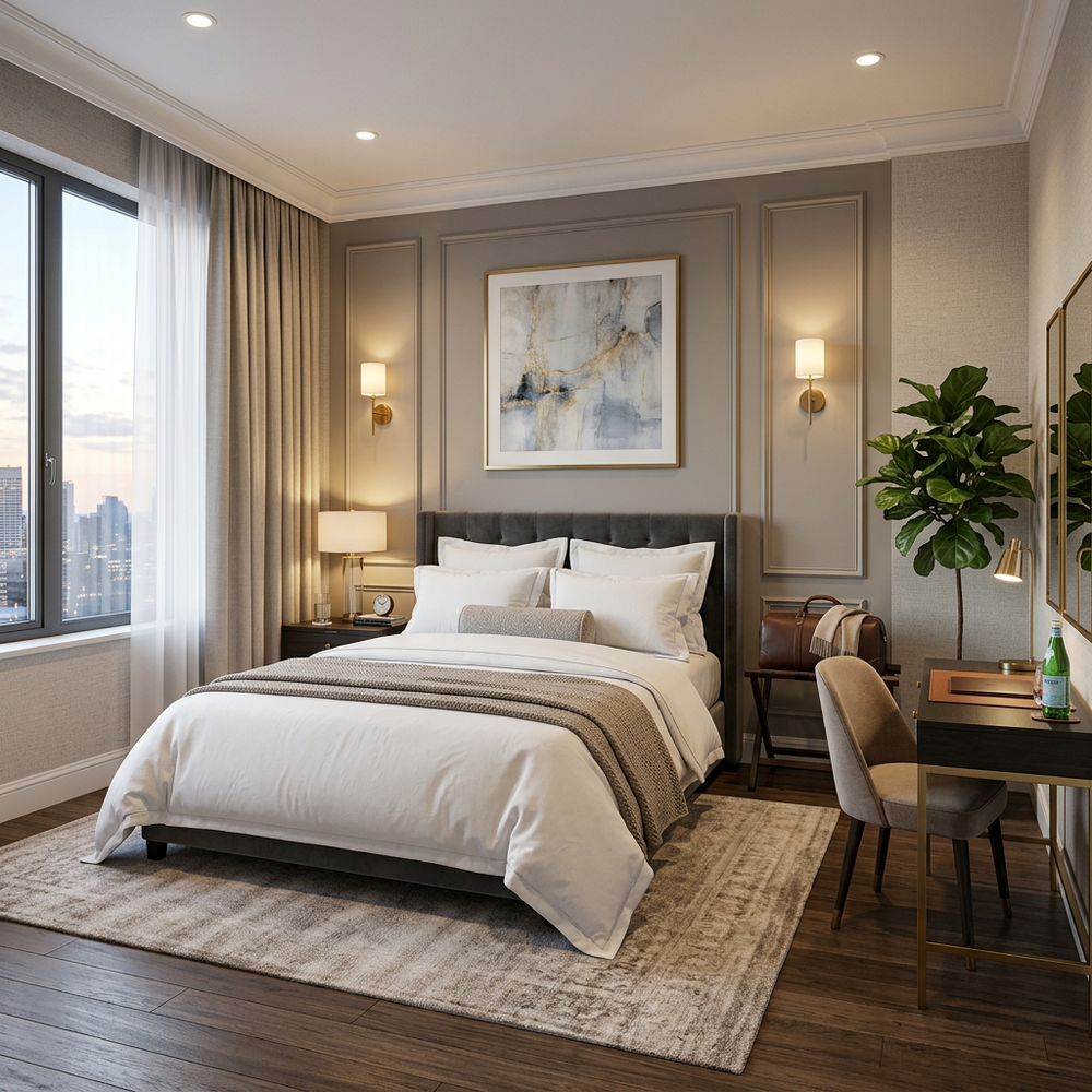 Hotel Chic Guest Bedroom with Queen Size Bed