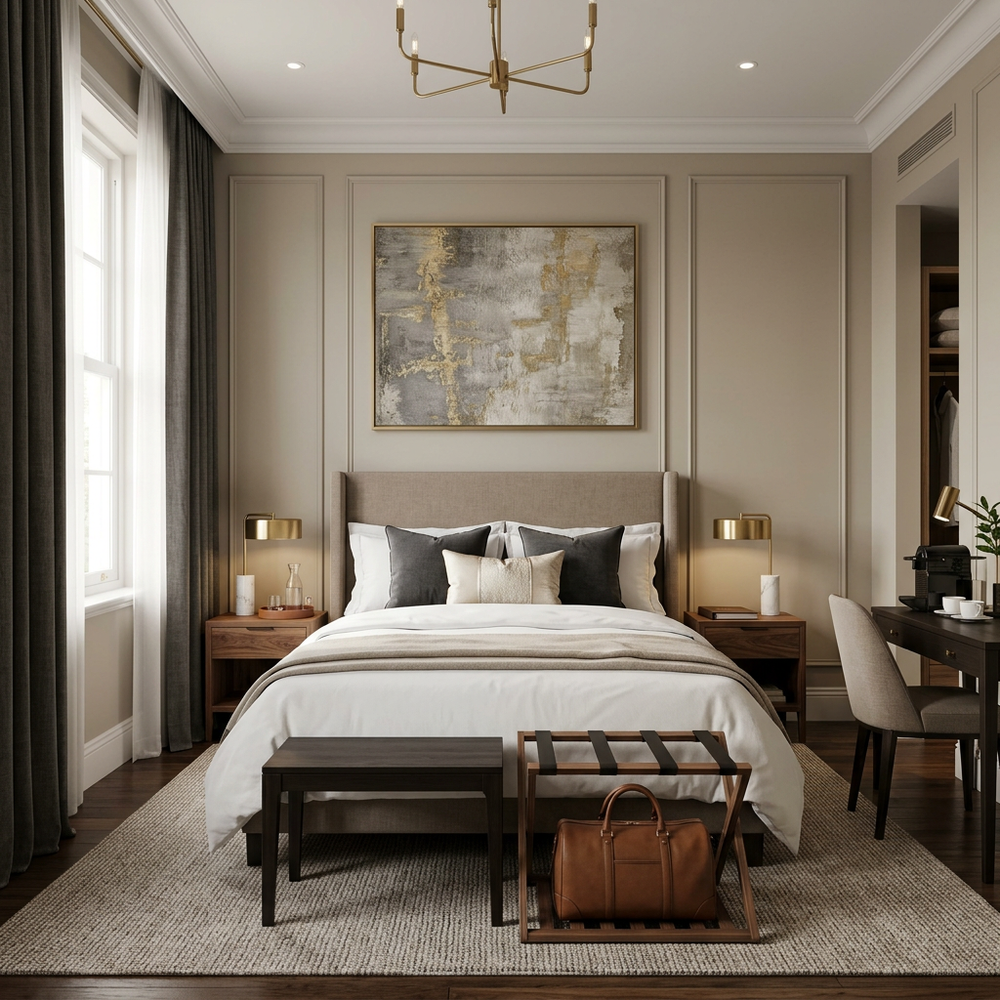 Hotel Chic Guest Bedroom with Queen Size Bed & Gold Accents