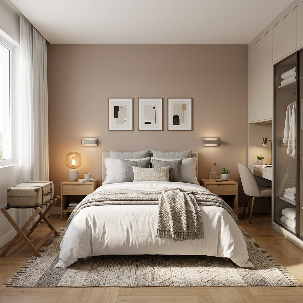 Modern Guest Bedroom with Grey Wardrobe and Loft Storage
