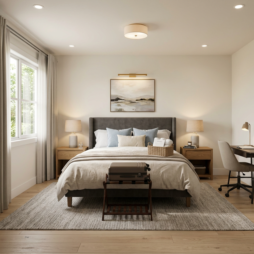 Modern Guest Bedroom with Built-In Wardrobe and Queen Size Bed