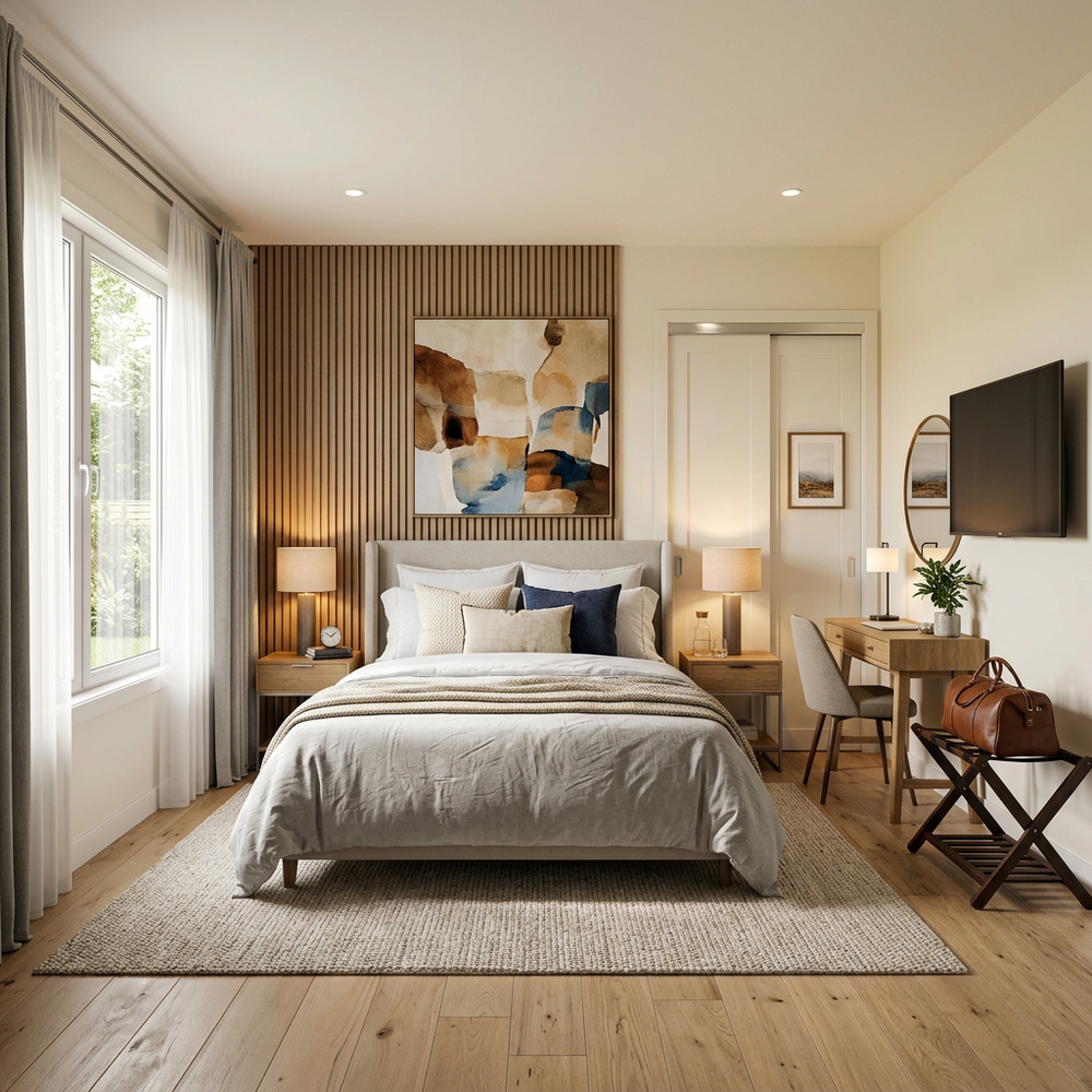 Modern Guest Bedroom with Queen Size Bed and Upholstered Headboard