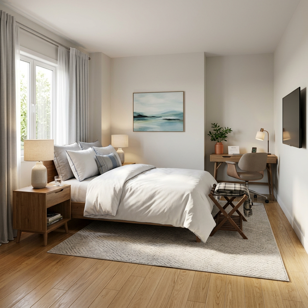 Modern White Guest Bedroom with Queen Size Bed