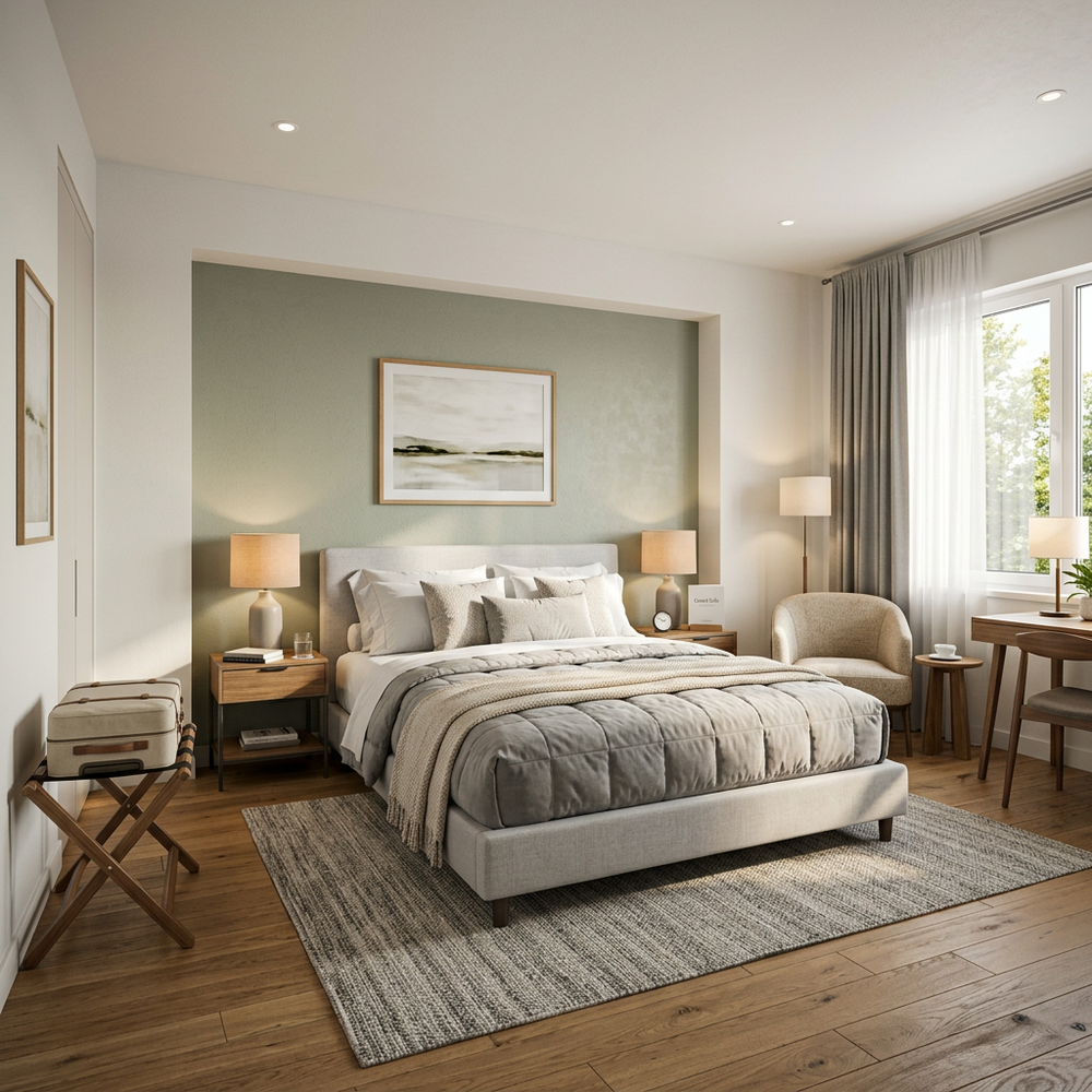 Modern Guest Bedroom with Abstract Headboard and Smart Wardrobe