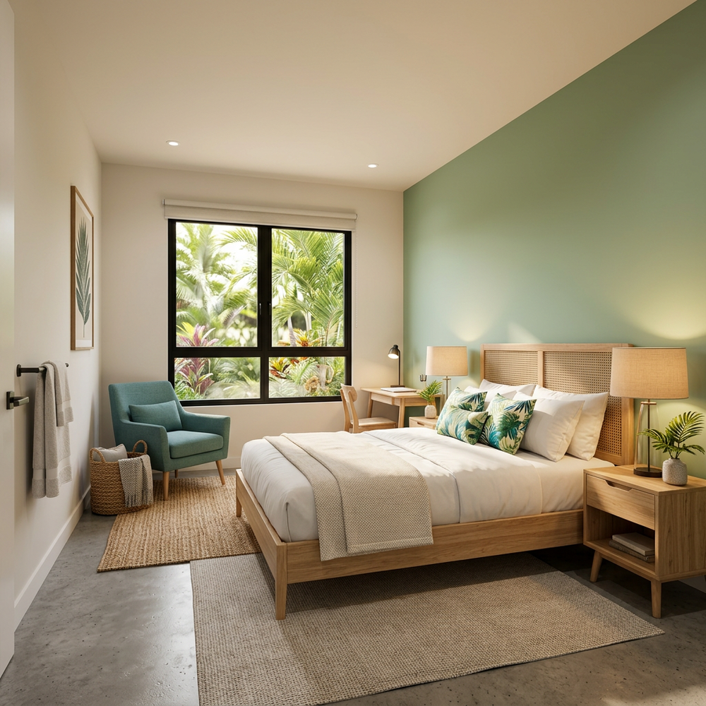 Modern Tropical Guest Bedroom with Queen Size Bed