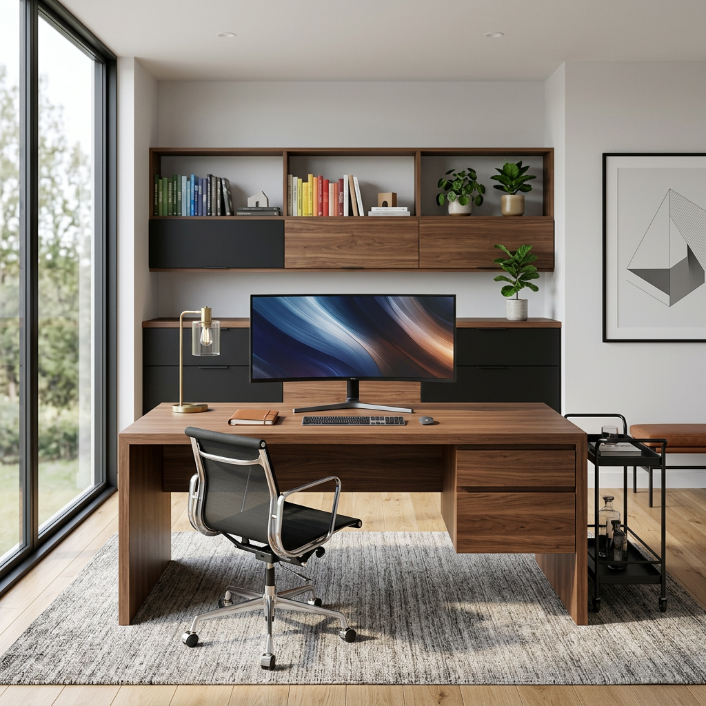 Modern Minimalist Home Office in Frosty White and Acacia Finish