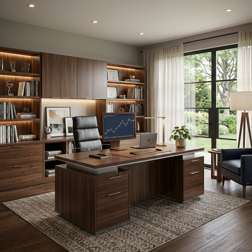 Modern Executive Home Office with Freestanding Desk and Wall Cabinets