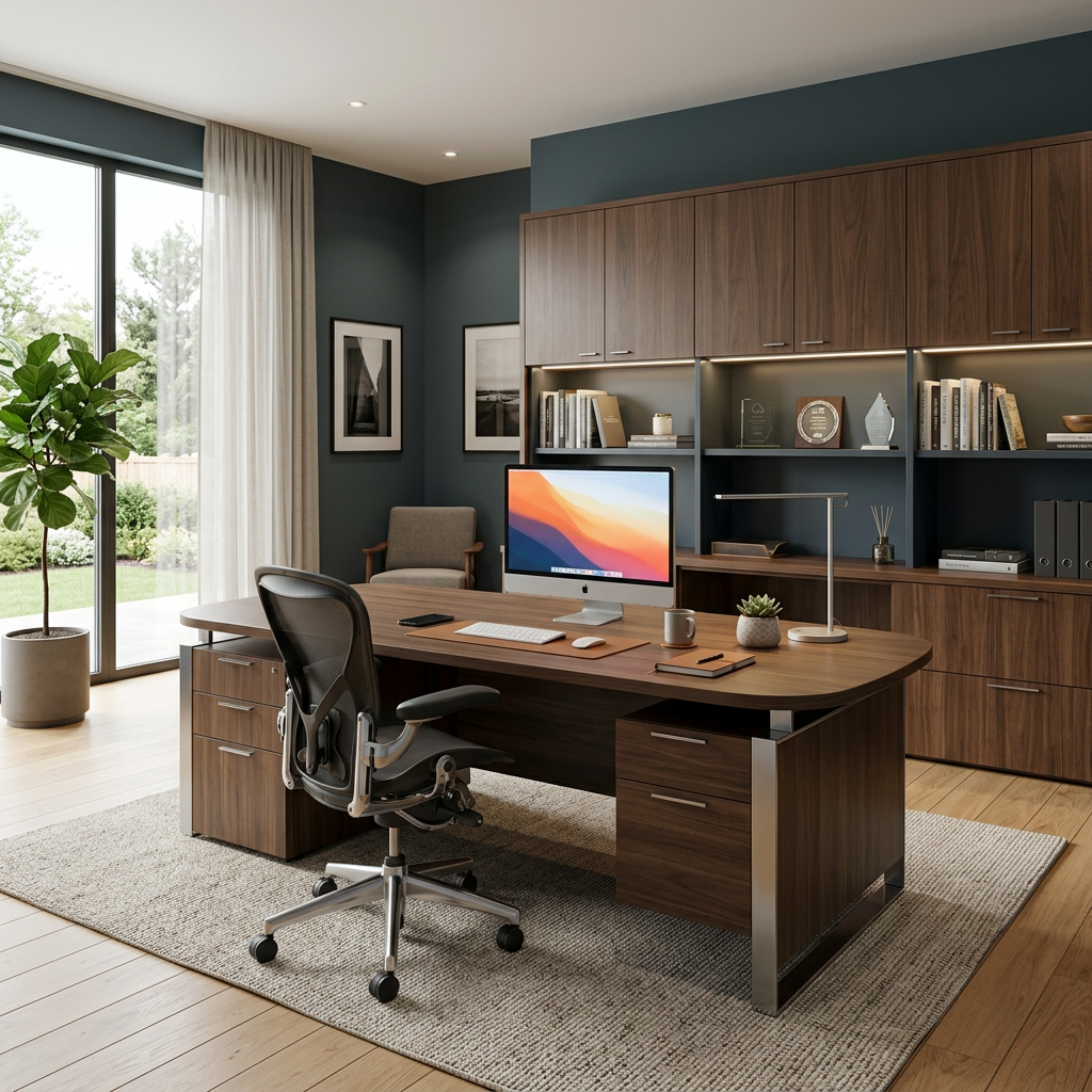Executive Workspace with Smart Storage and Warm Wood Finishes