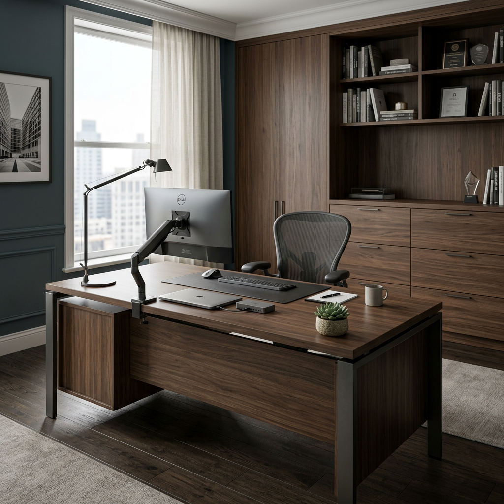 Elegant Executive Workspace with Dark Desk and Inspiring Décor