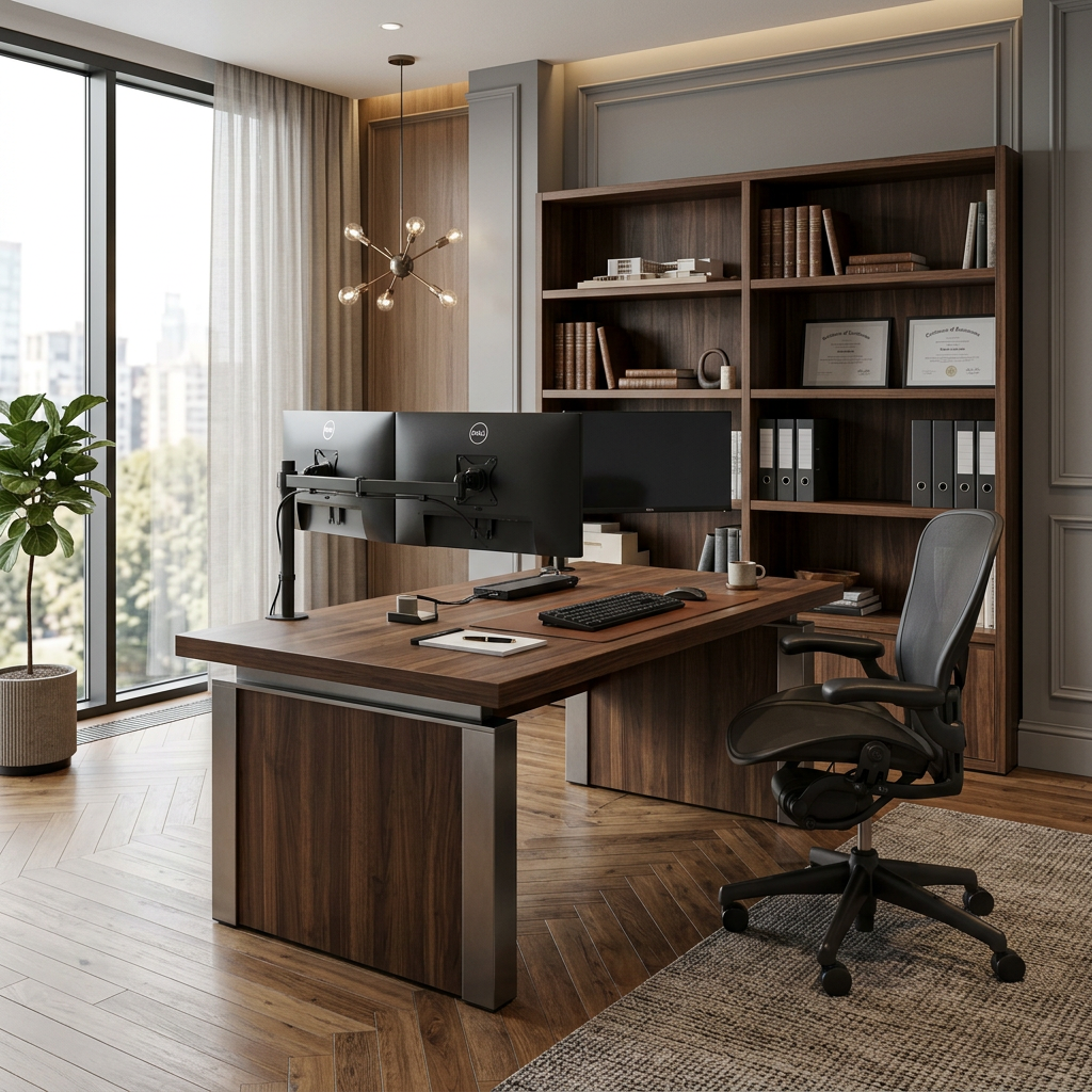 Professional Corporate Home Office with Warm Wooden Theme and Executive Desk