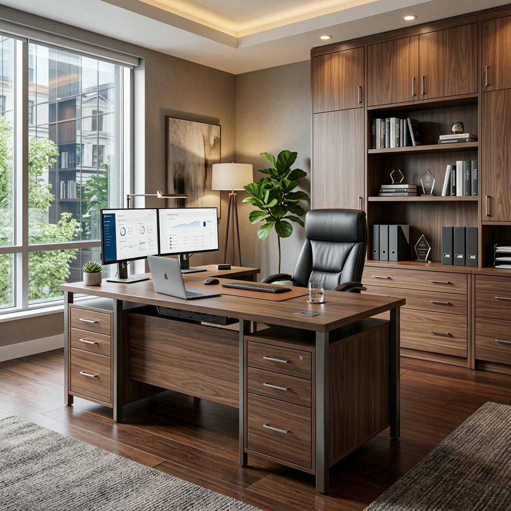 Elegant Home Office with Base Cabinet Storage and Accent Chair
