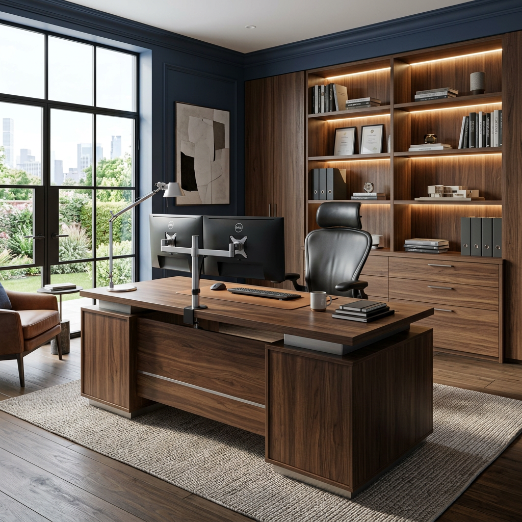 Executive Home Office with Seamless Storage and Ergonomic Design