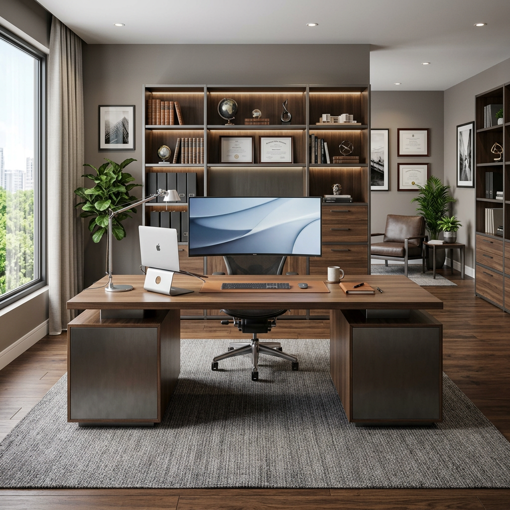 Professional Home Office with Dual Executive Workstations