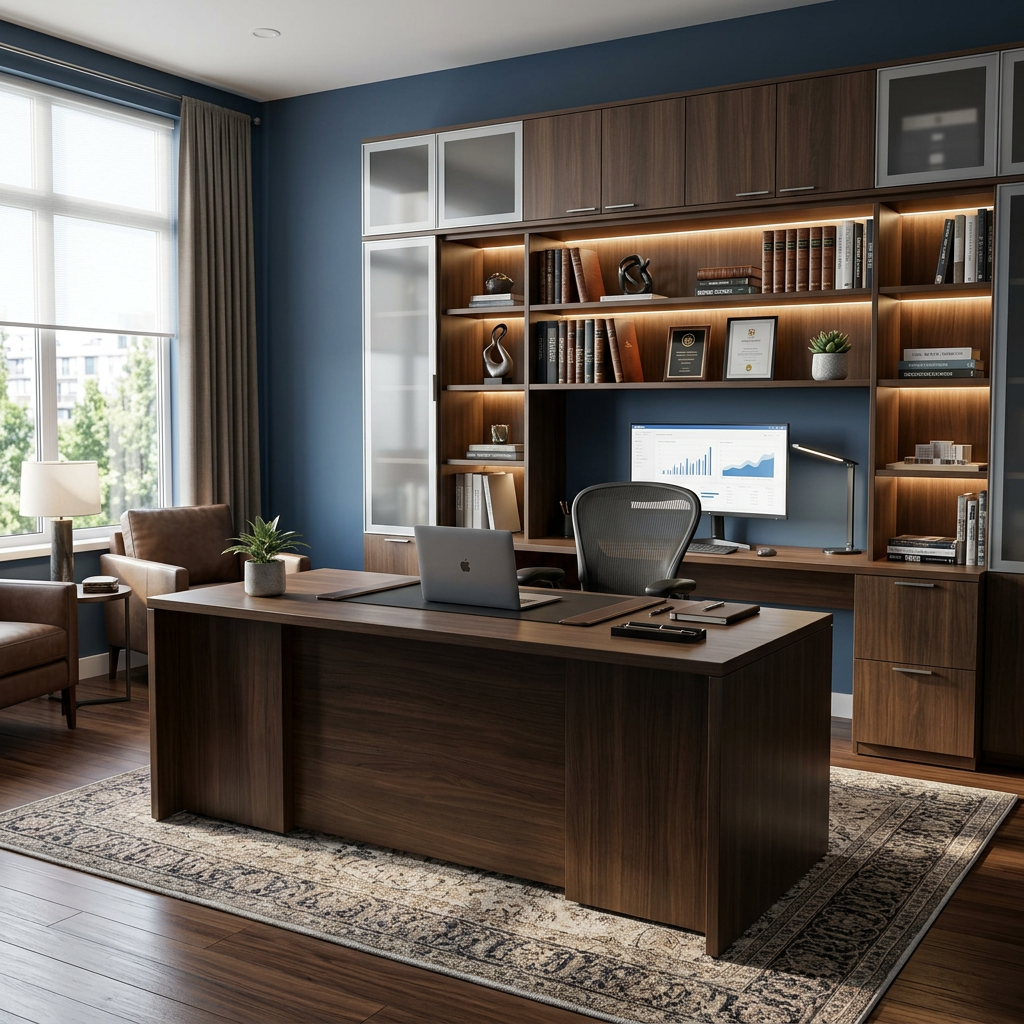 Modern Home Office with Wooden Executive Desk and Smart Storage