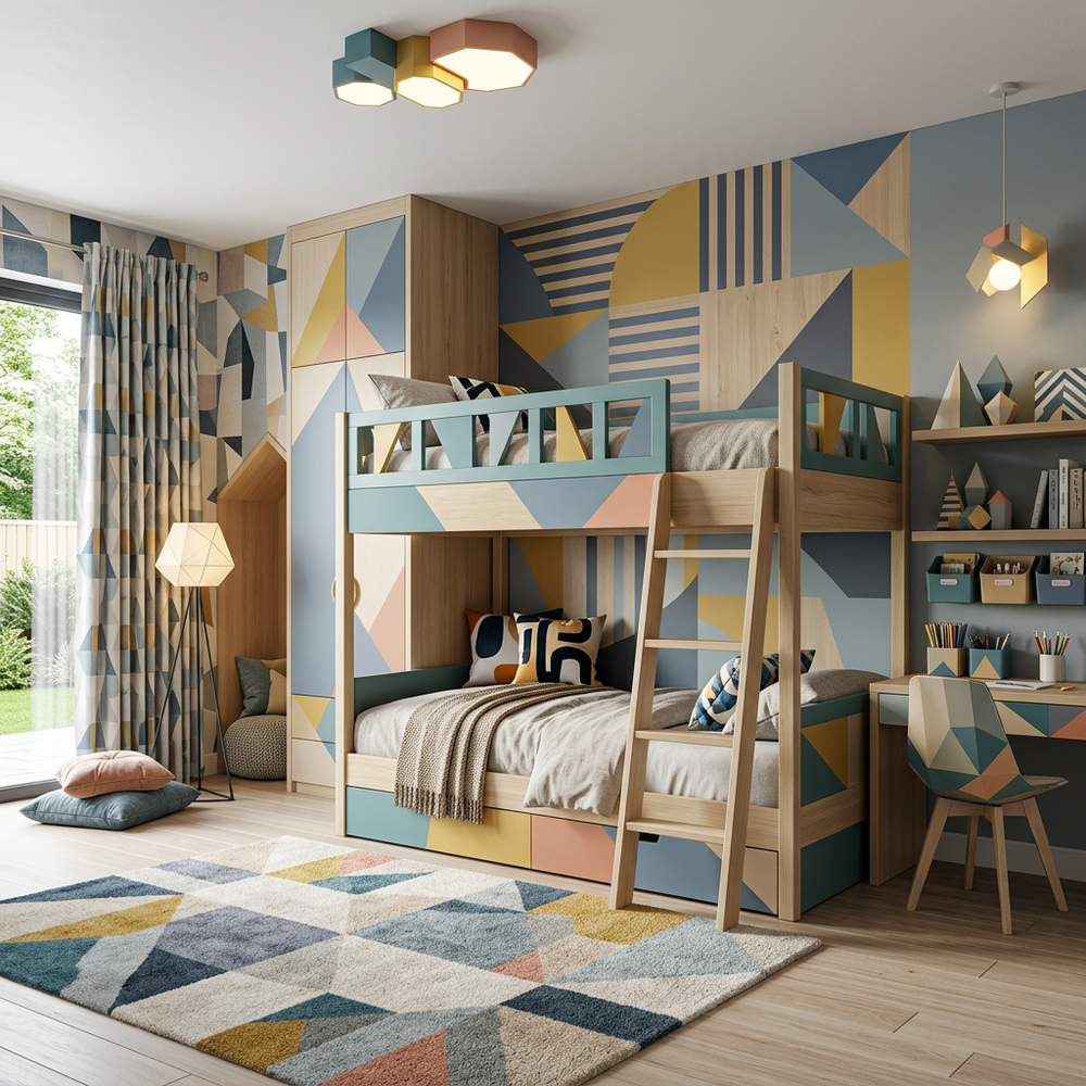 Abstract Geometric Kids Bedroom Design with Grey Bunk Bed