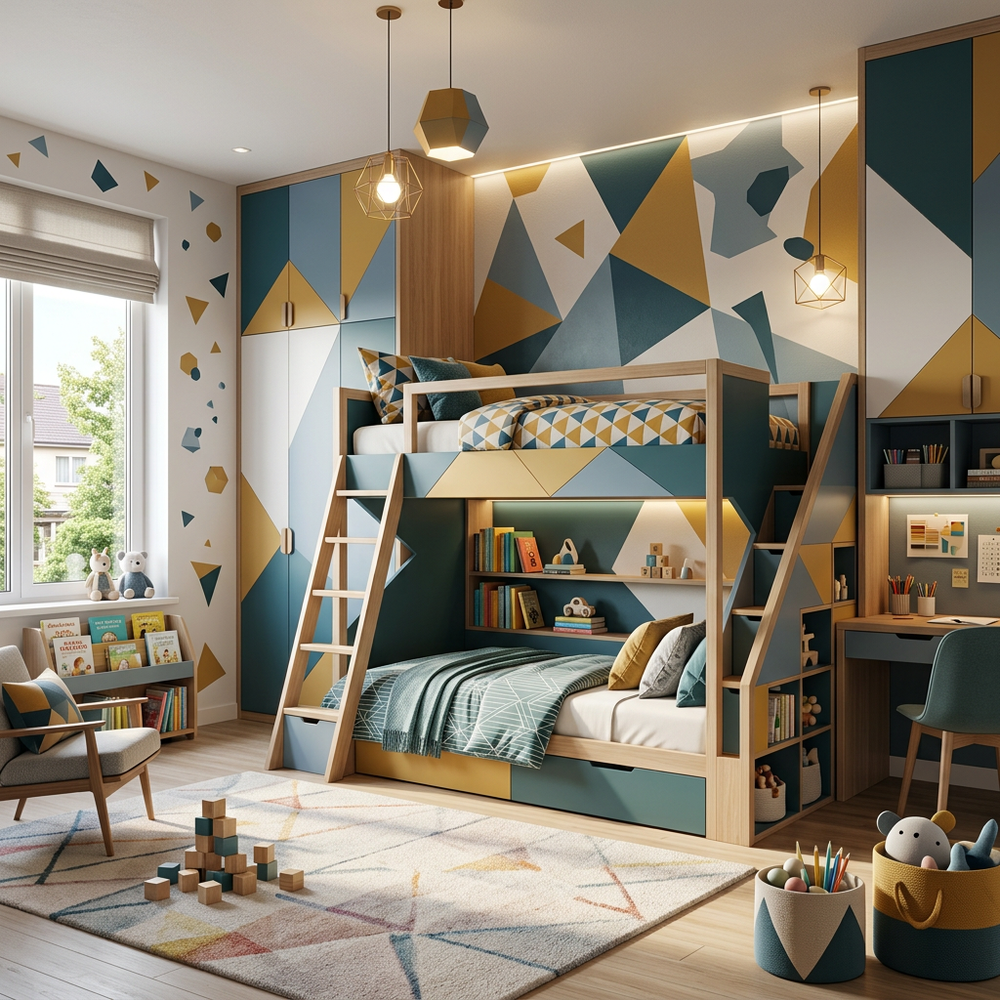 Abstract Geometric Kids Bedroom Design with Wooden Bunk Bed & Study Area