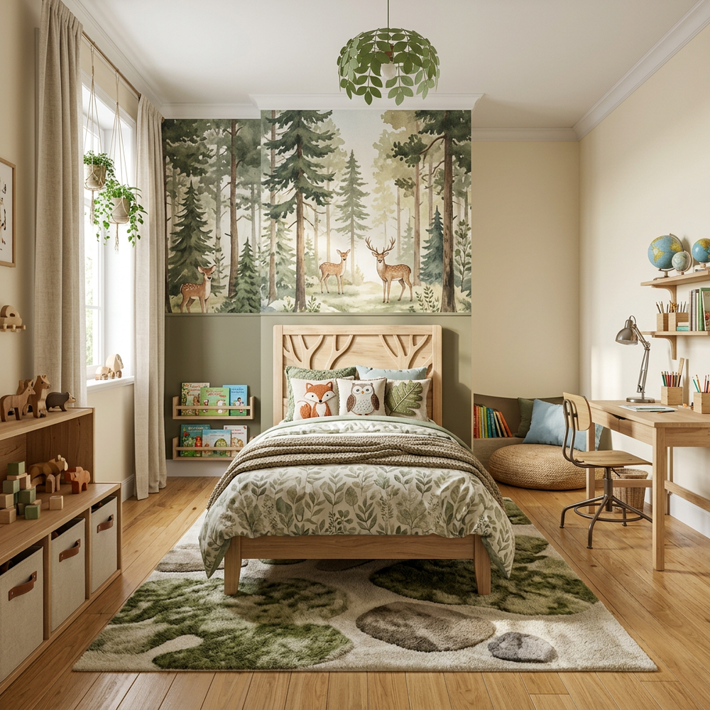 Nature-Inspired Kids Bedroom with Single Bed