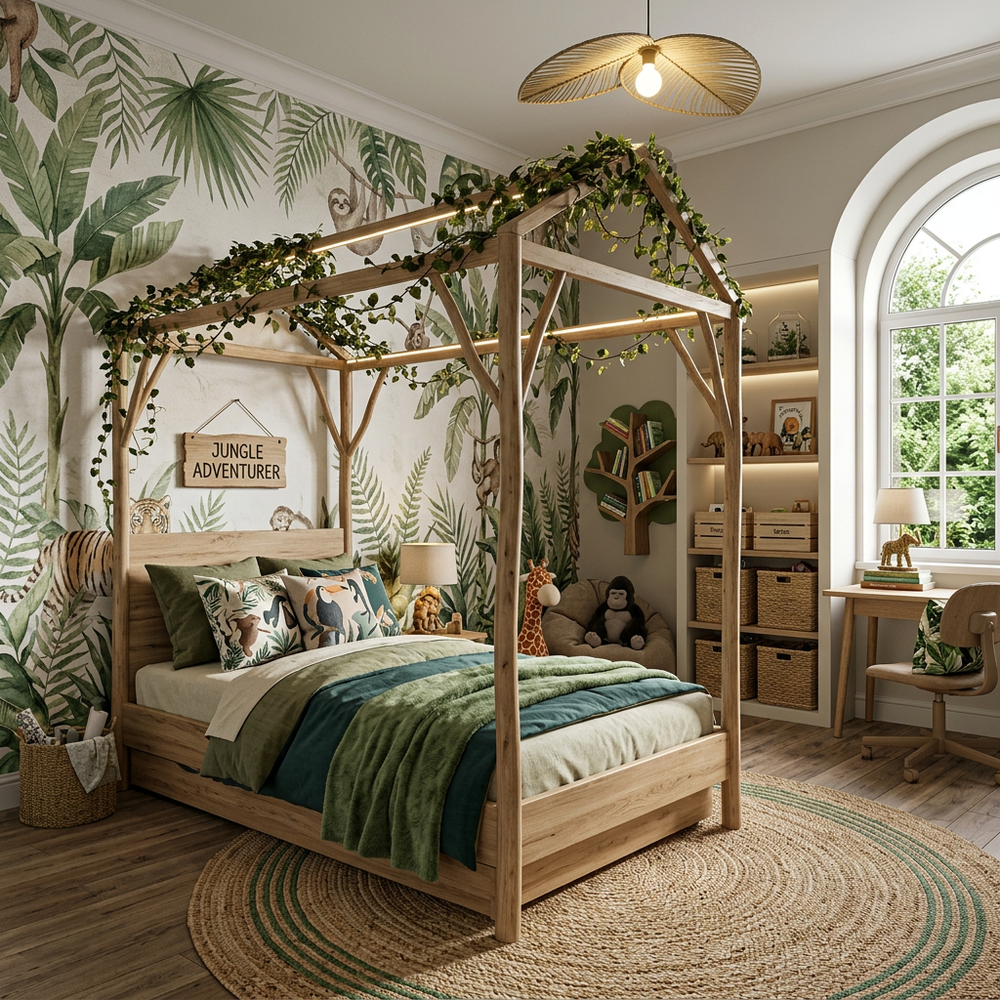 Nature Jungle Kids Bedroom with Single Bed