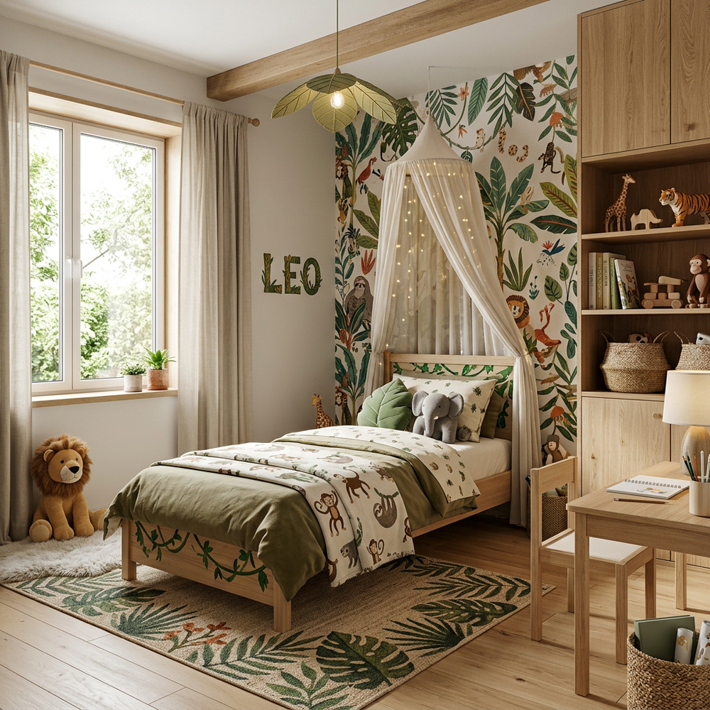 Nature Jungle Kids Bedroom with Single Bed