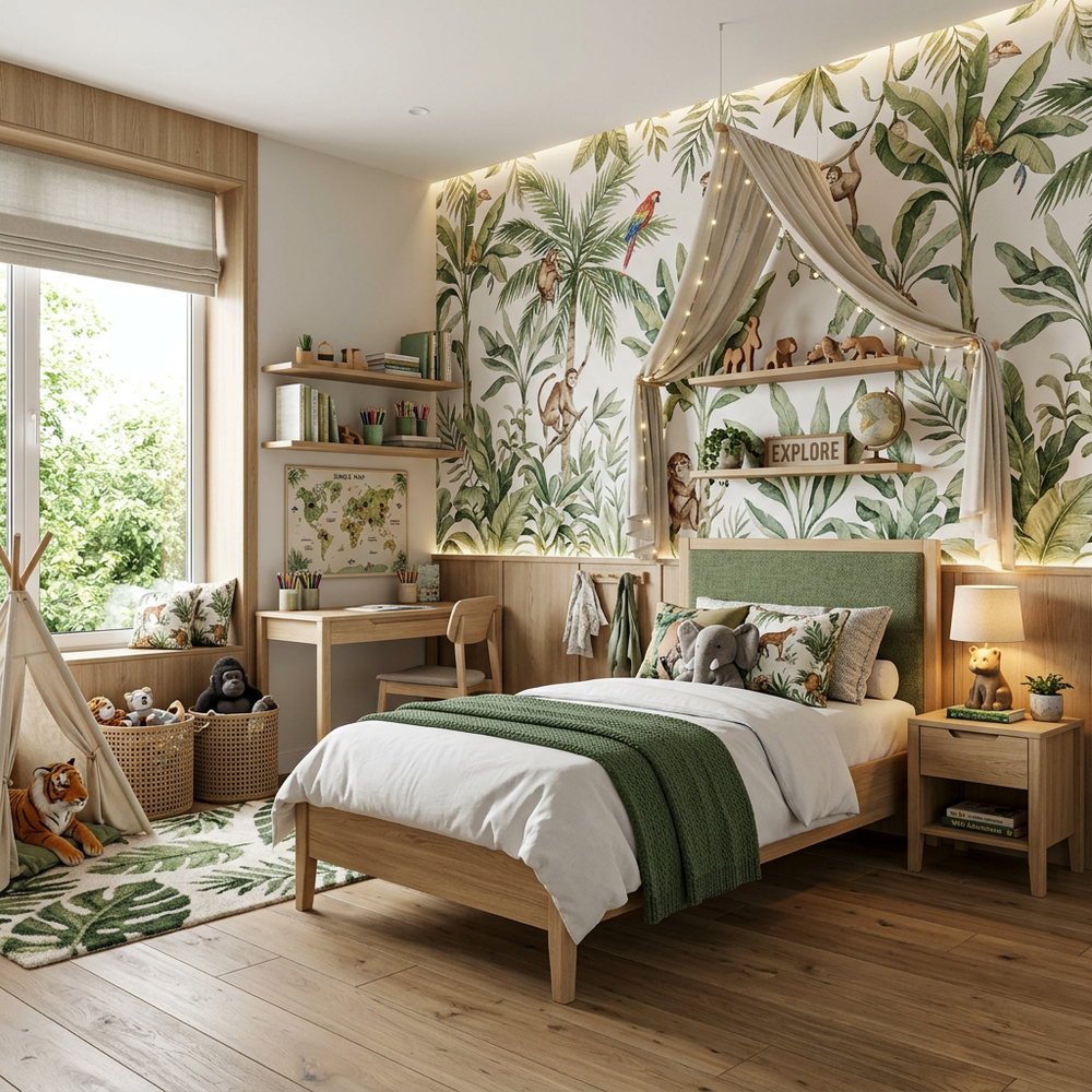 Nature Jungle Kids Bedroom with Single Bed