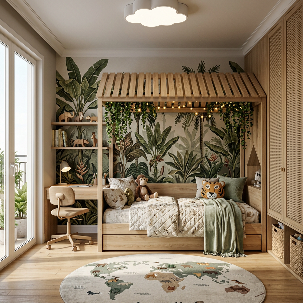 Nature Jungle Kids Bedroom with Single Bed