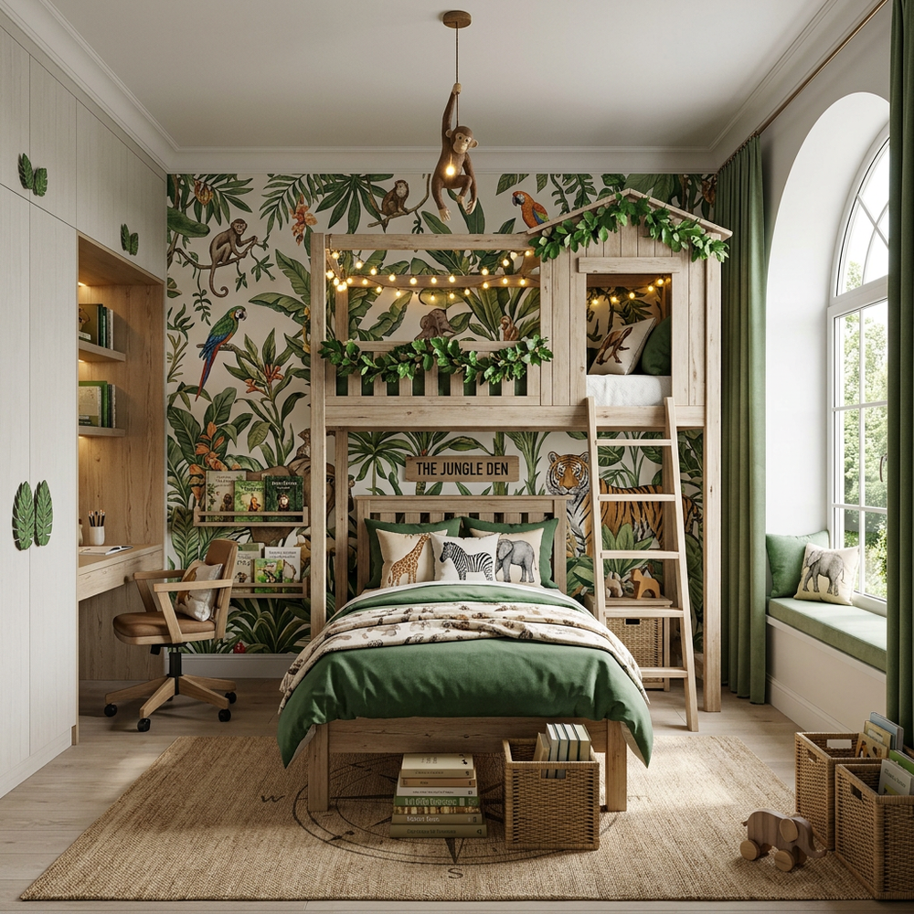 Nature Jungle Theme Kids Bedroom with Single Bed
