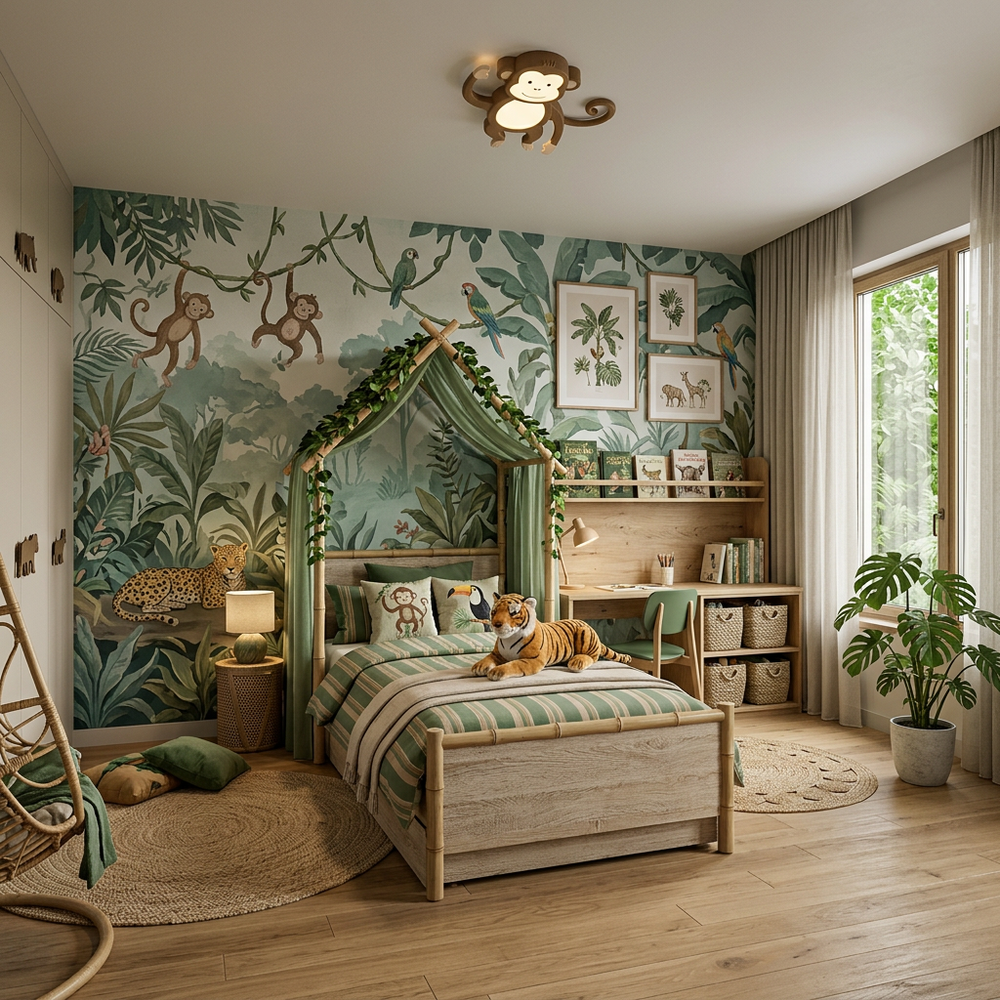 Nature Jungle Theme Kids Bedroom with Single Bed