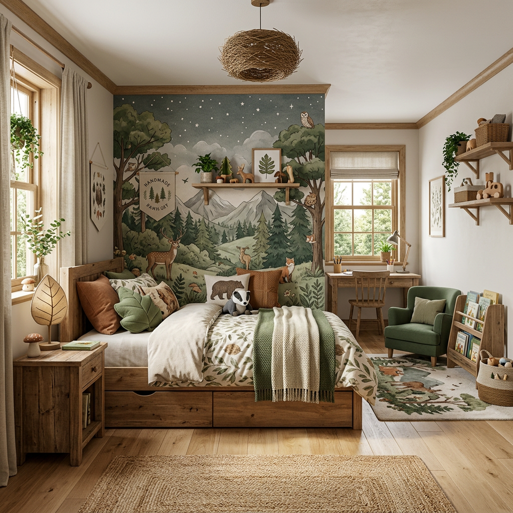 Nature Theme Kids Bedroom with Single Bed
