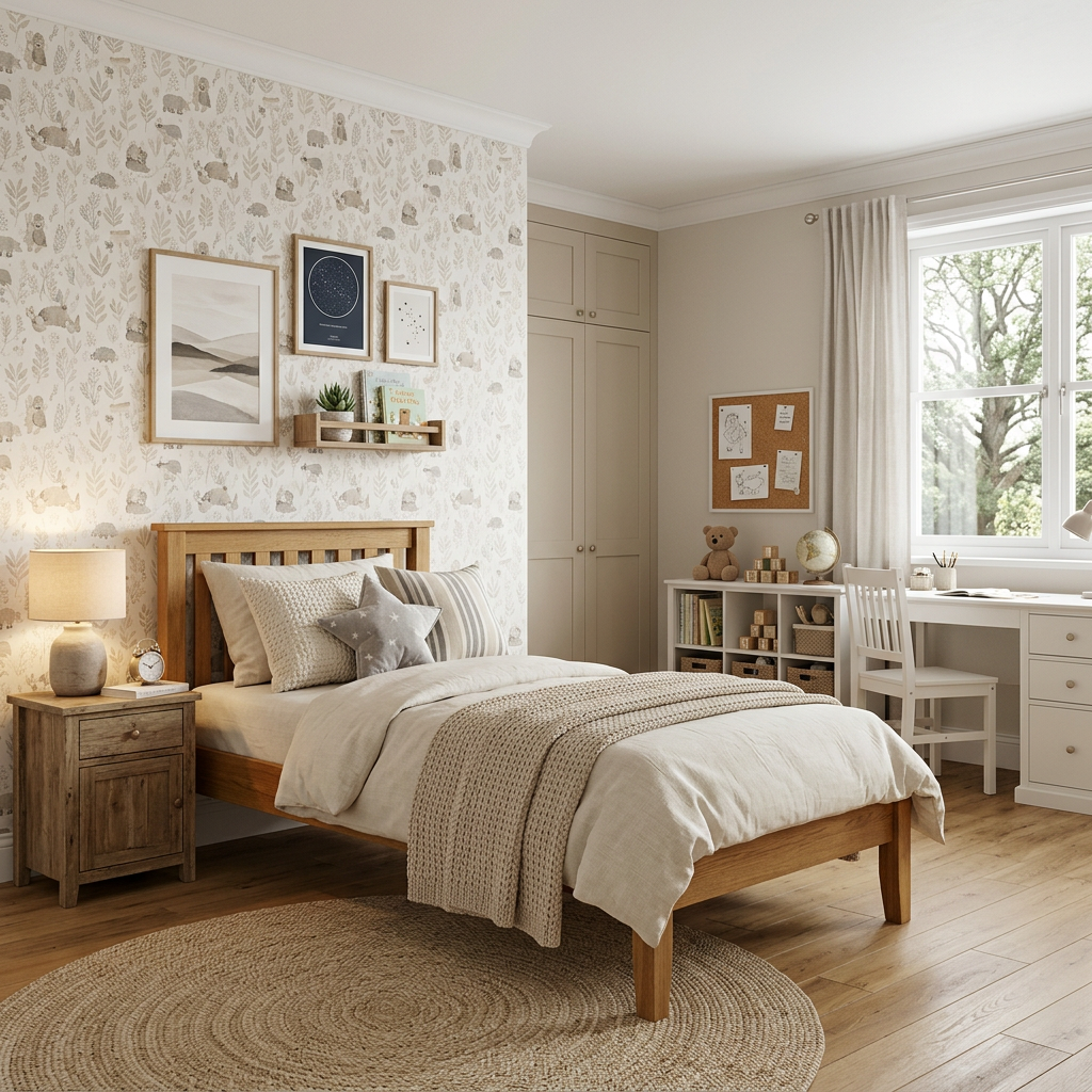 Neutral Theme Kids Bedroom with Storybook Wall Mural and Smart Storage