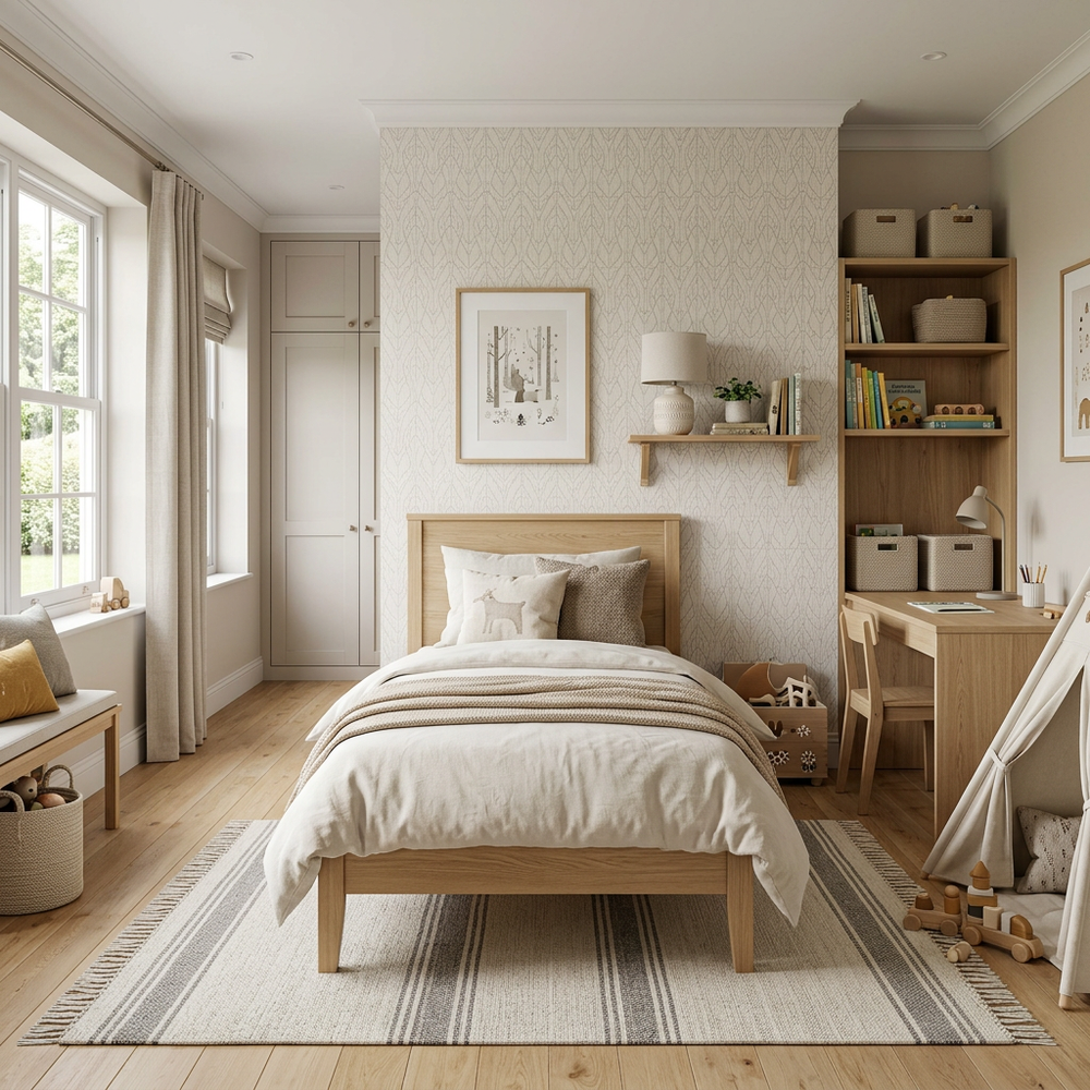 Neutral Kids Bedroom with Single Bed