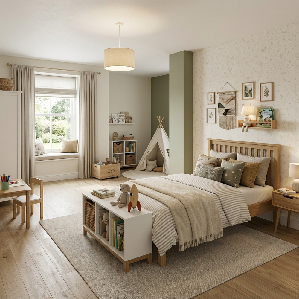 Neutral Kids Bedroom with Single Bed