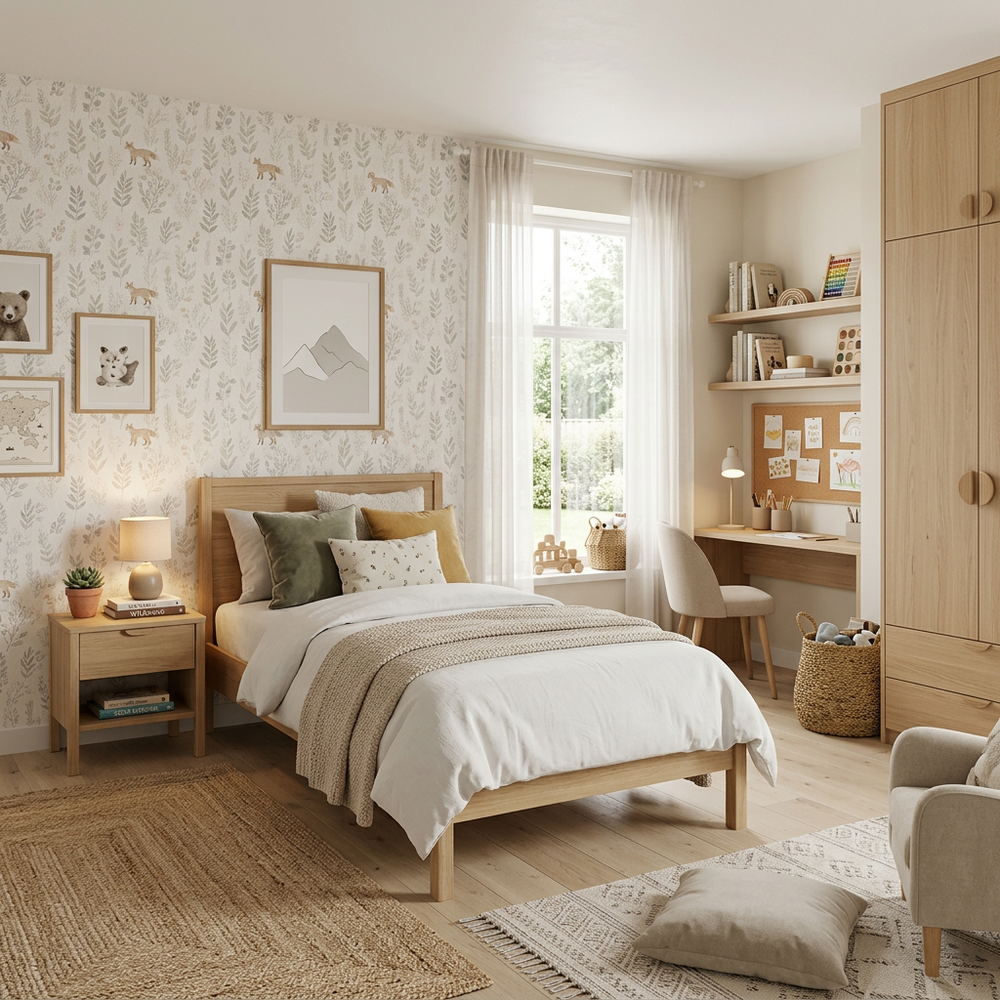 Neutral Kids Bedroom with Single Bed