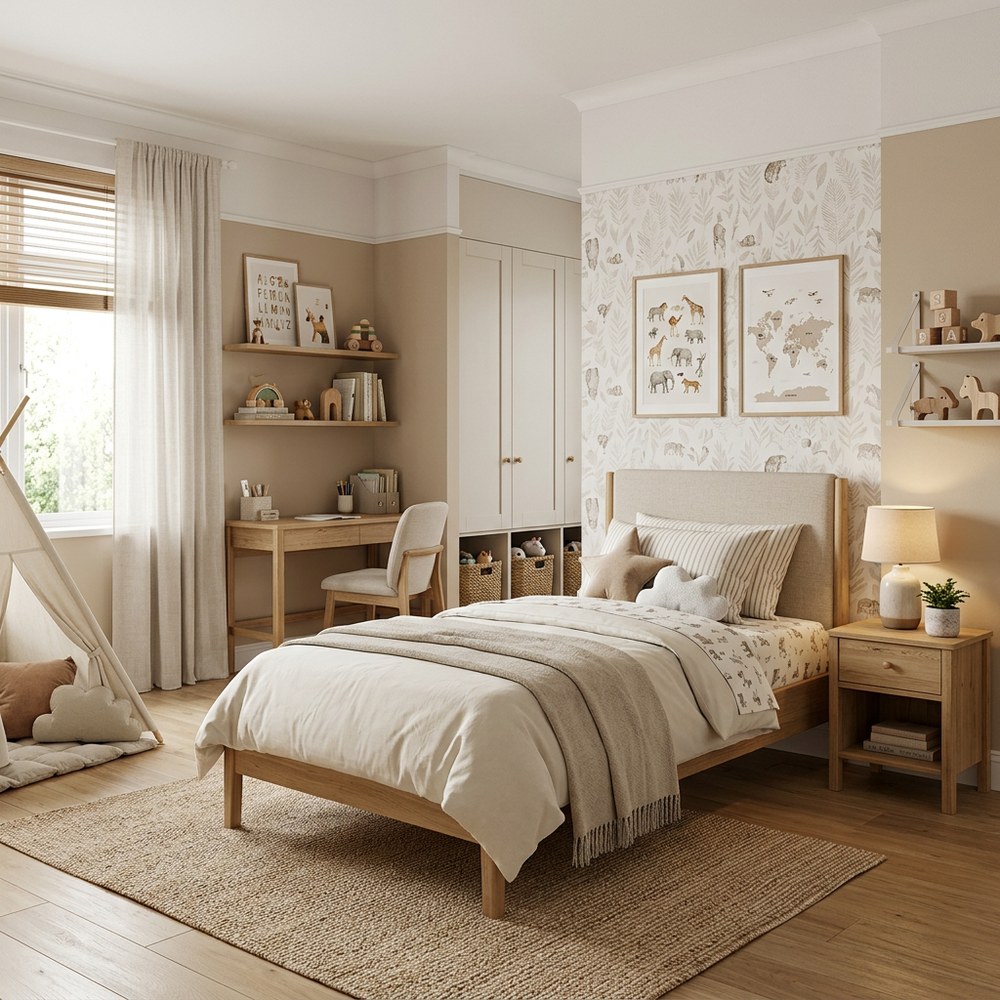 Neutral Kids Bedroom with Single Bed