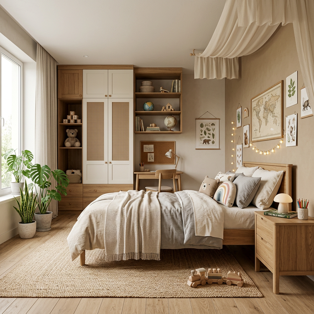 Neutral Kids Bedroom with Single Bed