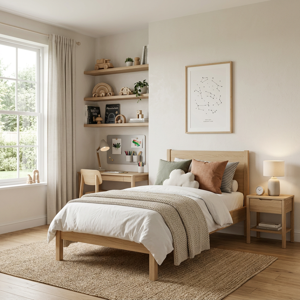 Scandinavian Kids Bedroom with Single Bed and Wardrobe