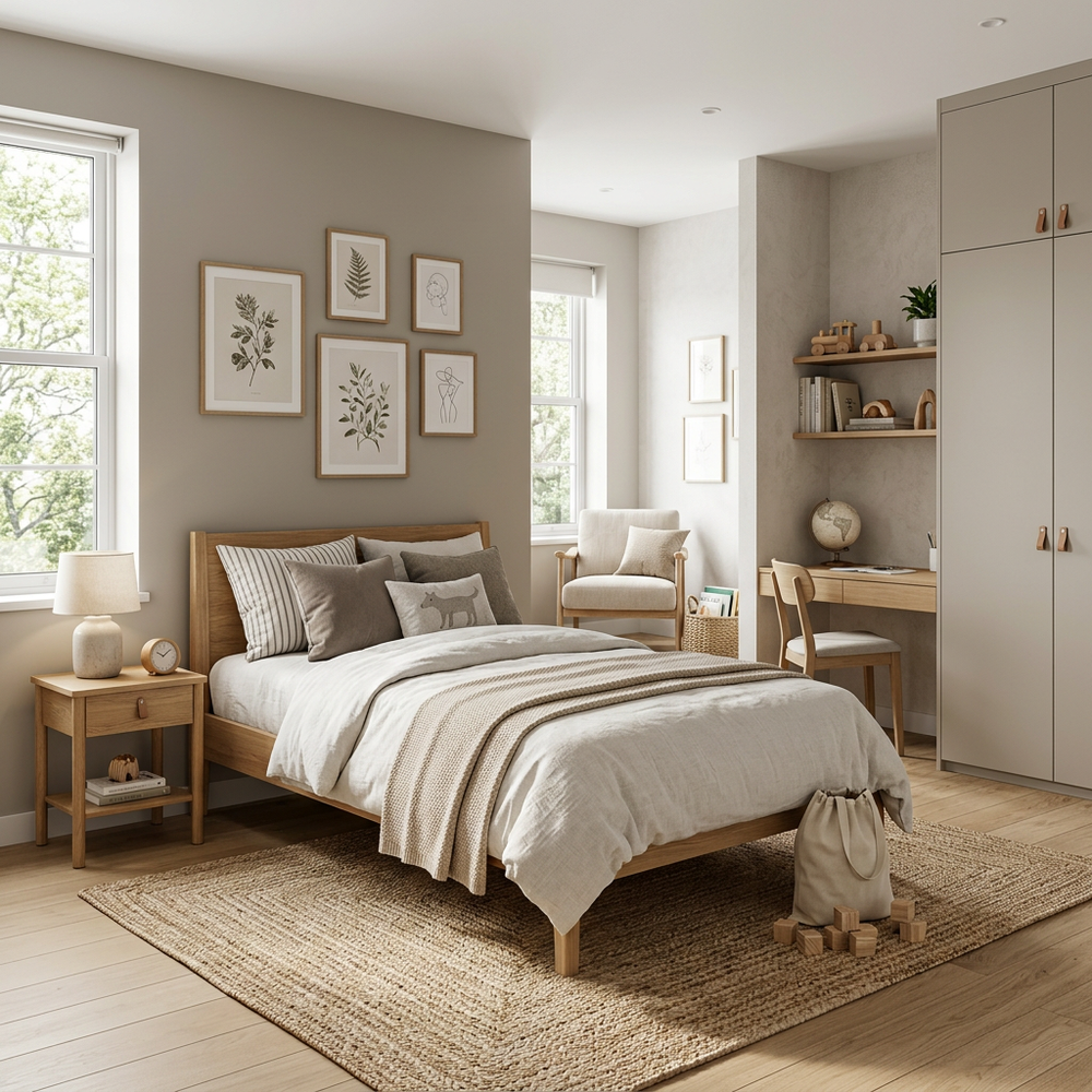 Neutral Kids Bedroom with Single Bed