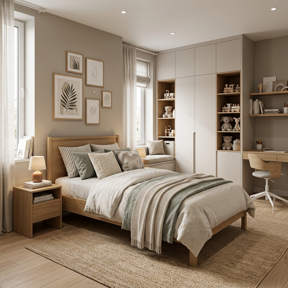 Neutral Kids Bedroom with Single Bed