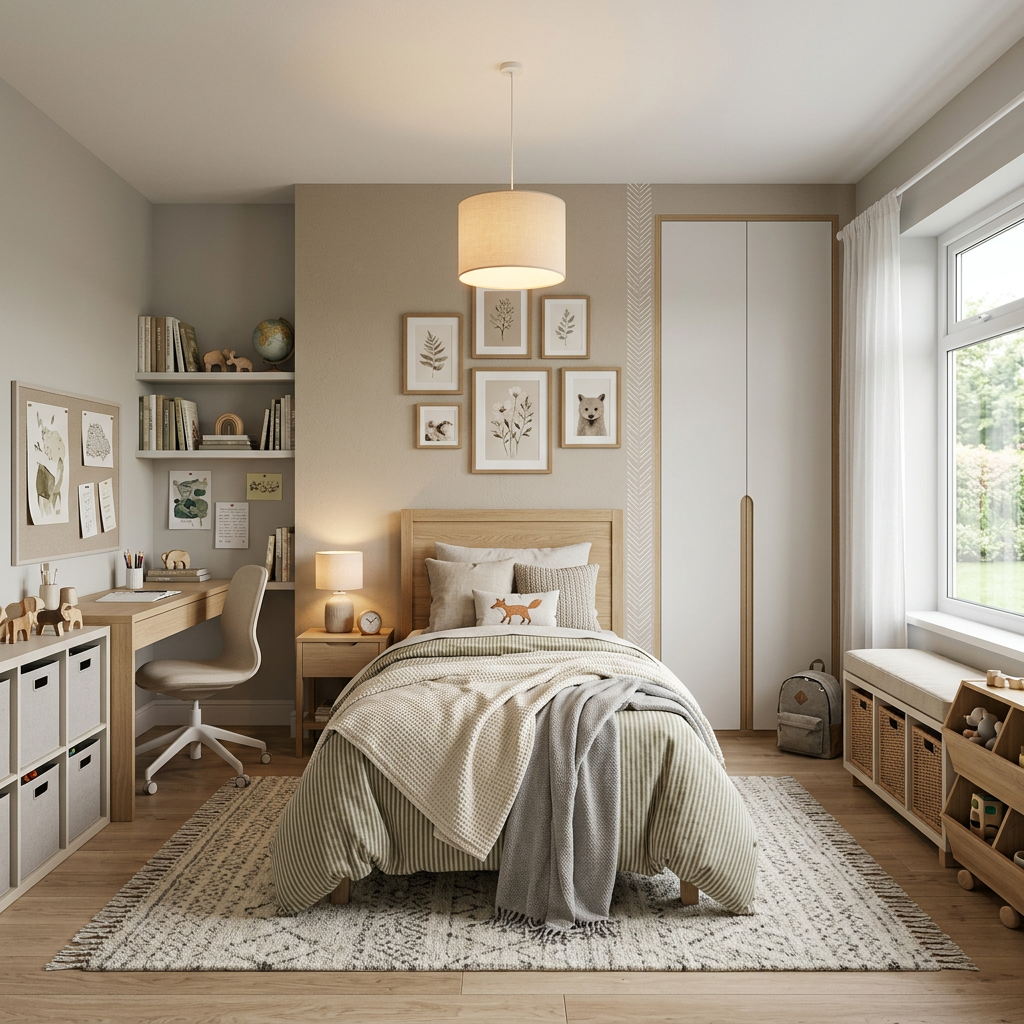 Minimalist White Children’s Bedroom with Integrated Wardrobe