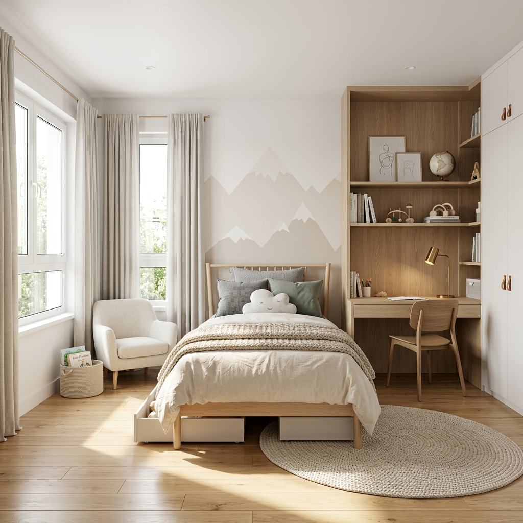 Neutral Kids Bedroom with Integrated Study Table and Window Seater