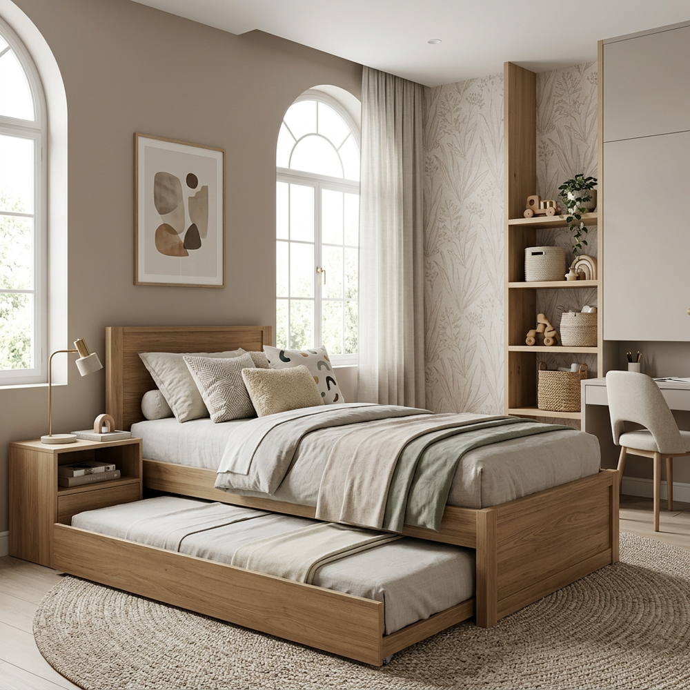 Neutral Modern Kids Bedroom with Trundle Bed