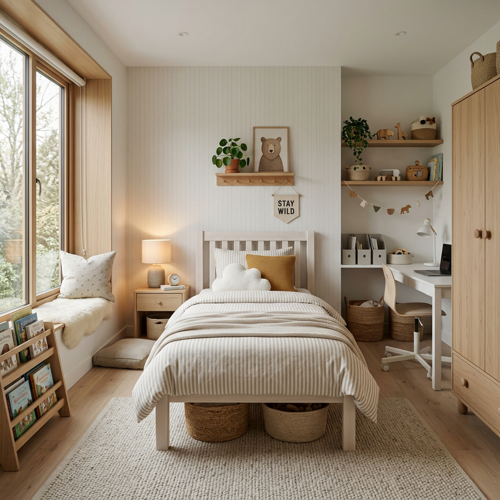 Neutral Scandinavian Kids Bedroom with Single Bed