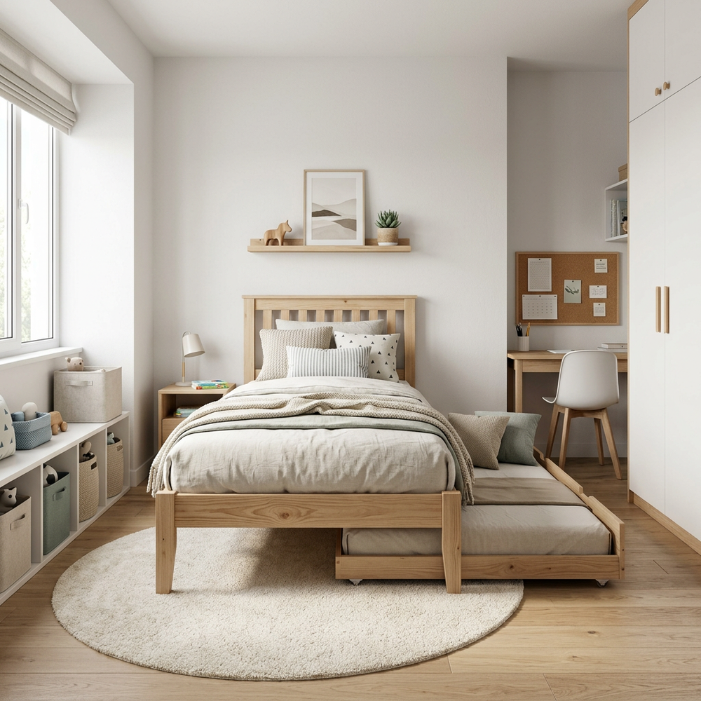 Neutral Scandinavian Kids Bedroom with Trundle Bed