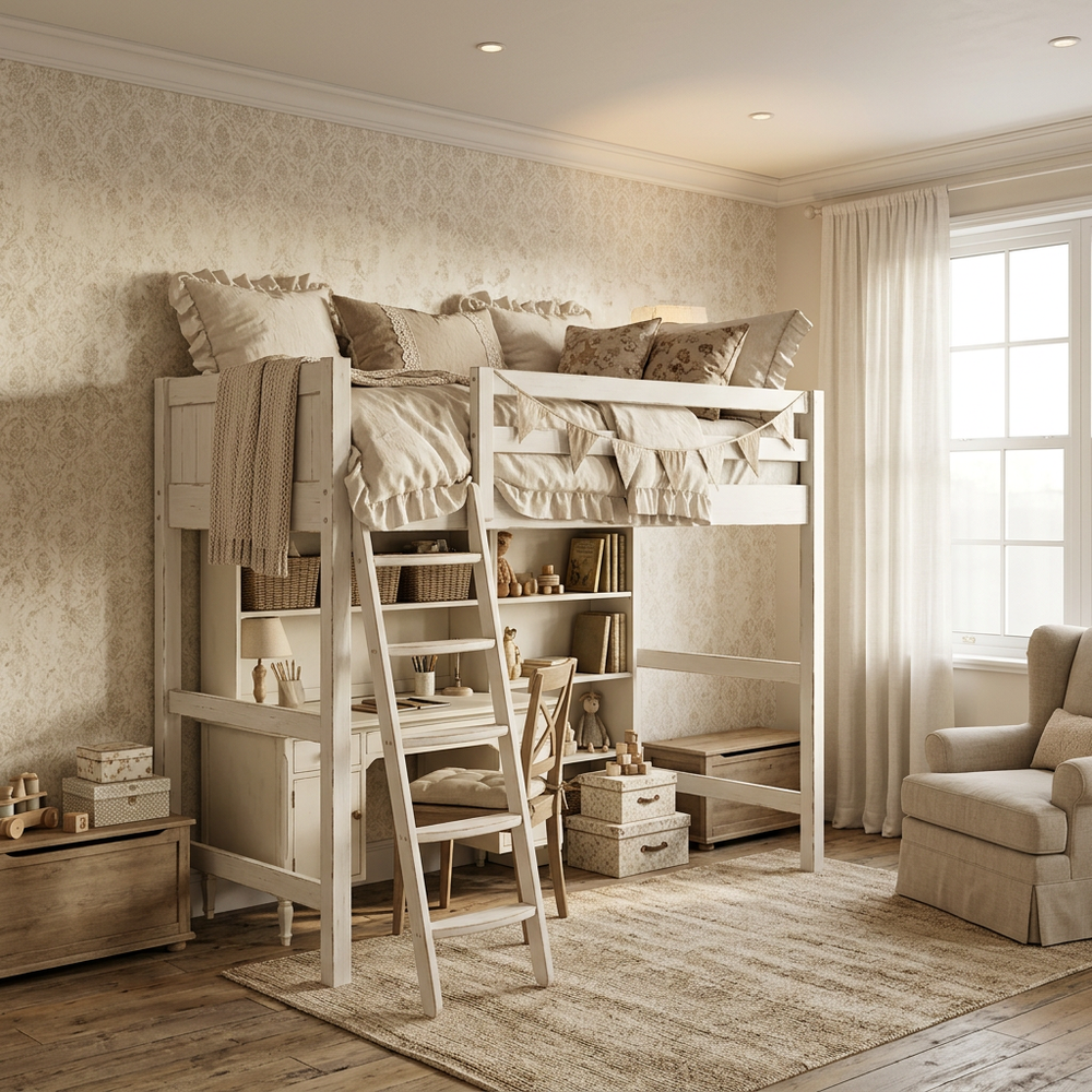Neutral Shabby Chic Kids Bedroom with Loft Bed