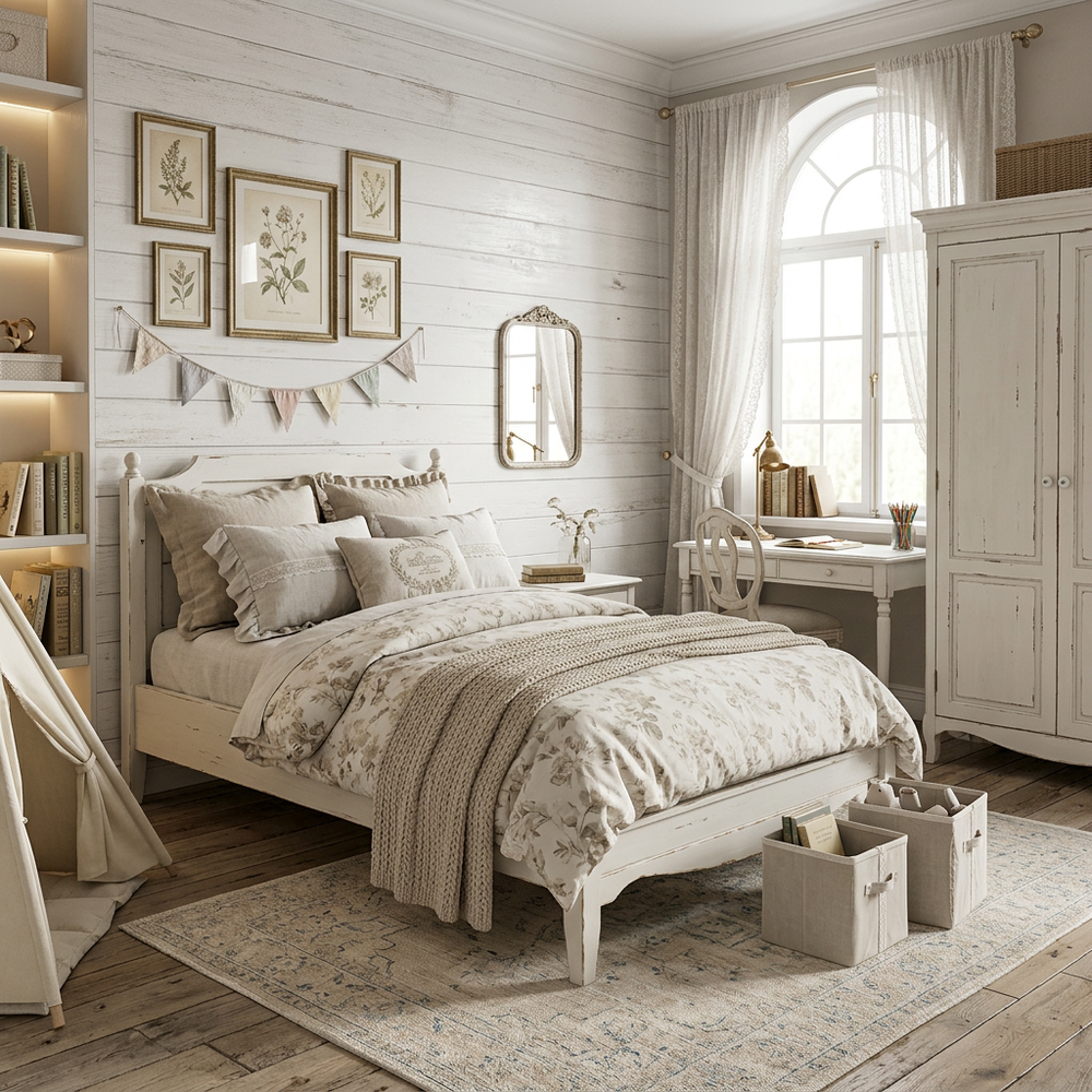 Neutral Shabby Chic Kids Bedroom with Single Bed